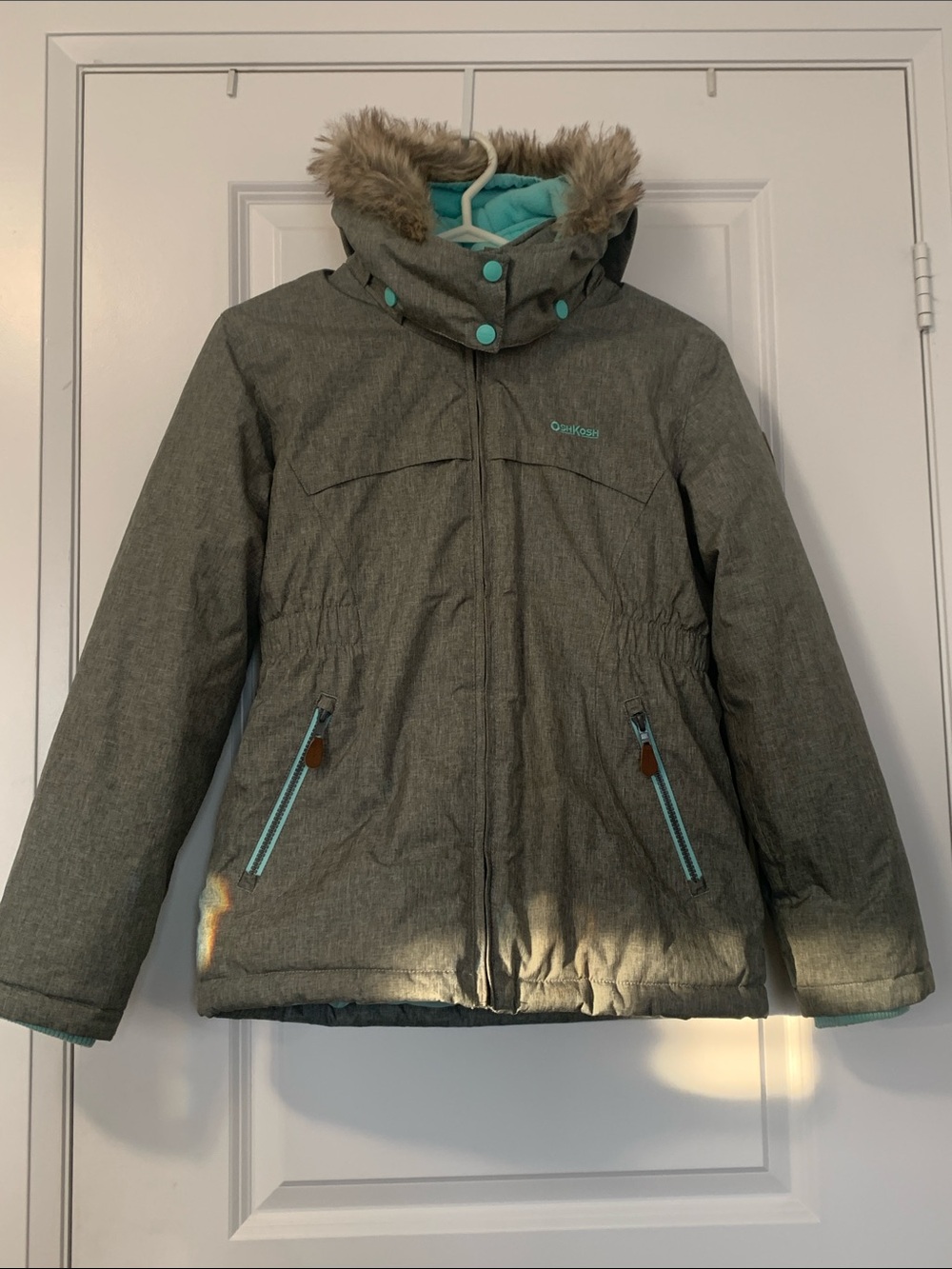 OshKosh B'gosh Gray Puffer Jacket with Aqua Trim and Faux Fur Hood